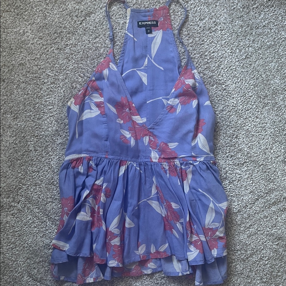 Express Blue and Red Floral Ruffle Top - Picture 2 of 5